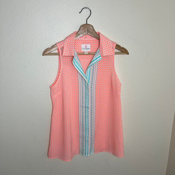 Julie Brown Orange Teal Geo Print Sleeveless Button Up 2 - Picture 1 of 12
